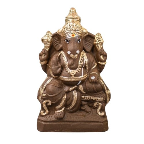 Ganapathi Simhasanam - Clay - Gold - 9 Inch - Right Trunk
