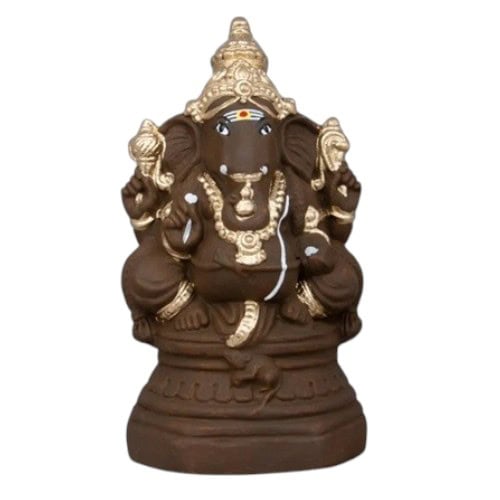 Ganapathi  Veera - Clay - Gold -11 Inch - Right Trunk