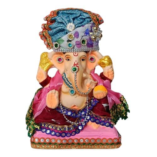 MH Ganapathy Colourful Decorations - Clay - 8 Inch - Left Trunk