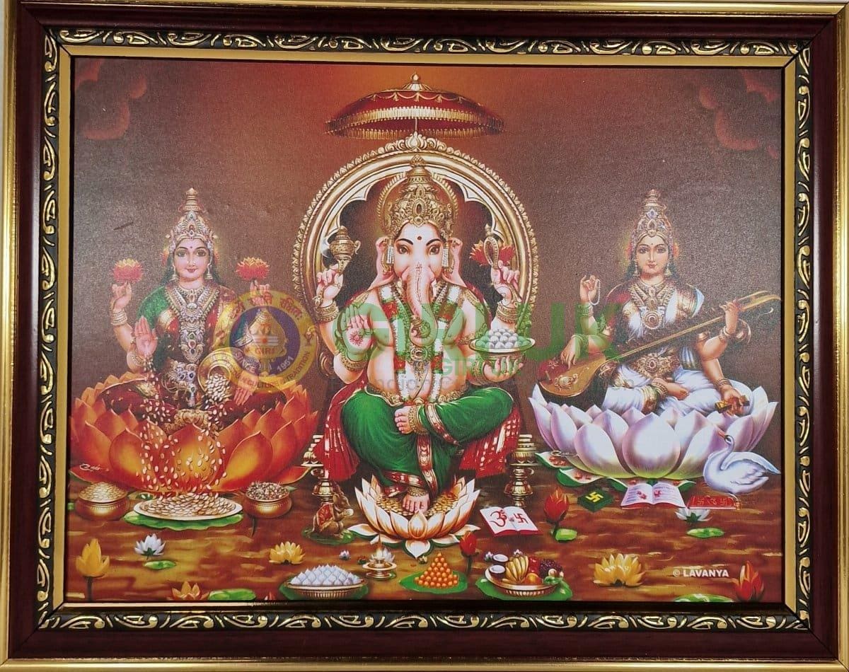 Lakshmi - Ganapati - Saraswati painting with wooden frame - 14 x 11 inches