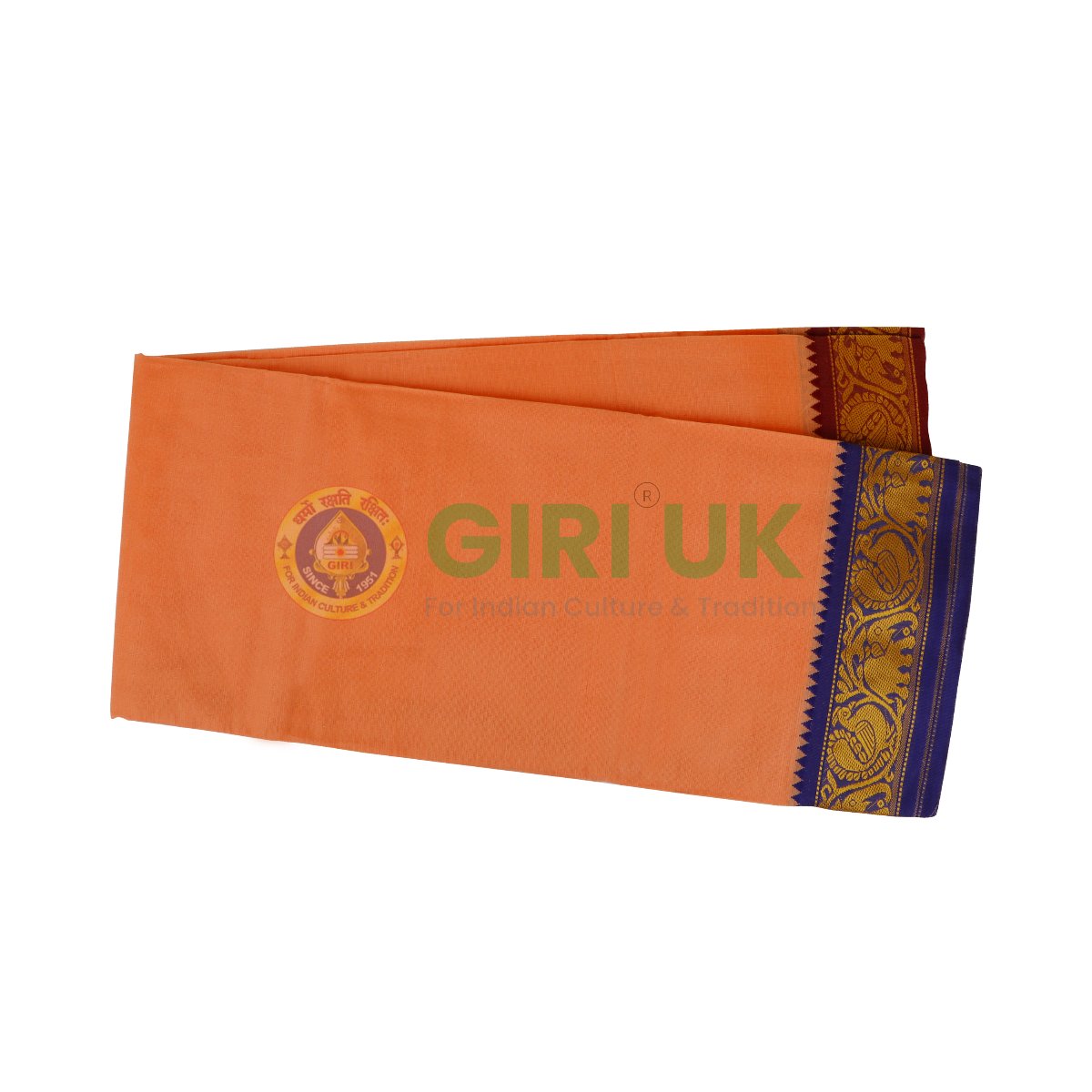 Cotton Jacquard dhoti (veshti) - orange, 9x5 yards