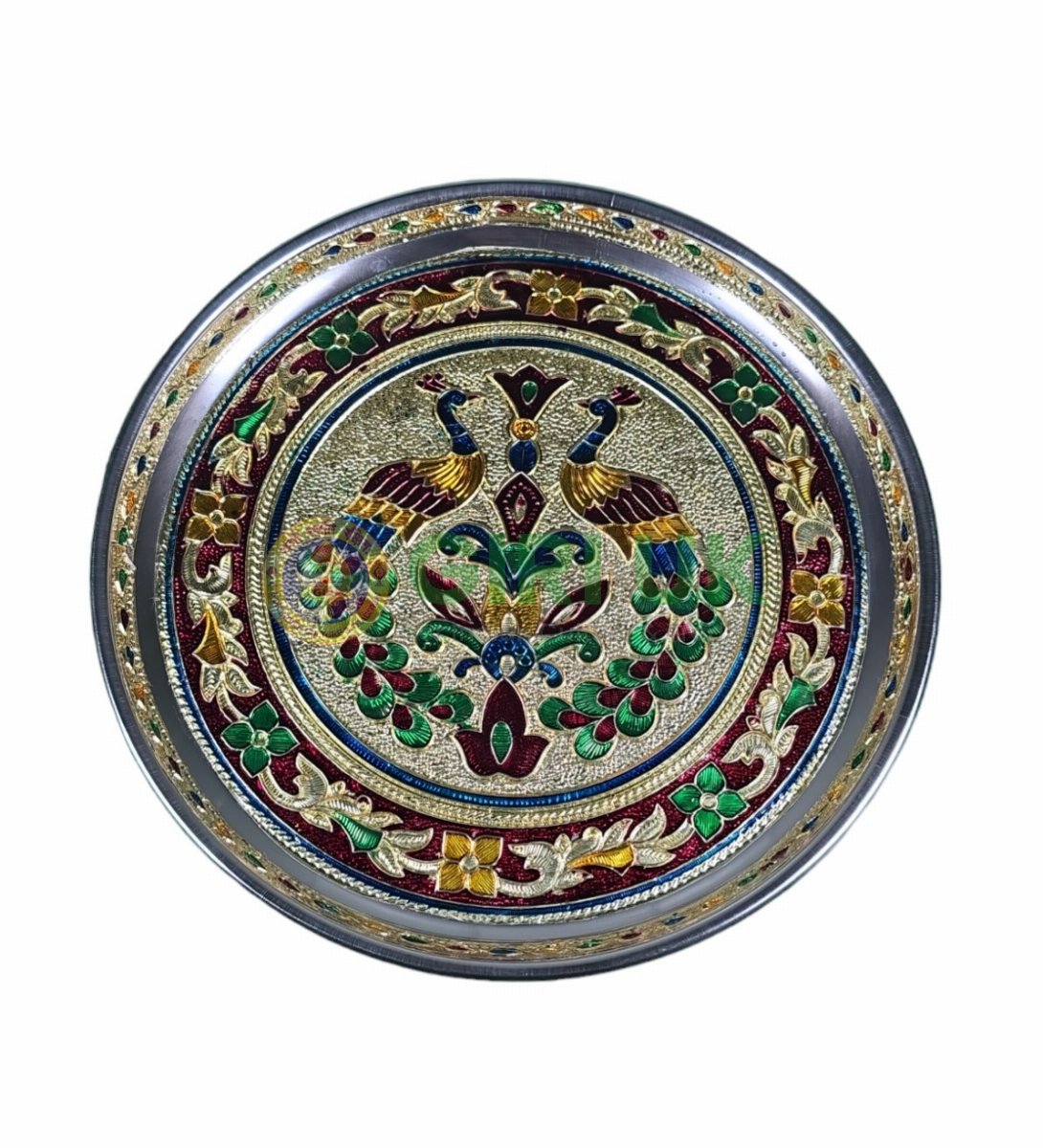 Peacock Pair Meenakari Pooja Plate - 9 inch 