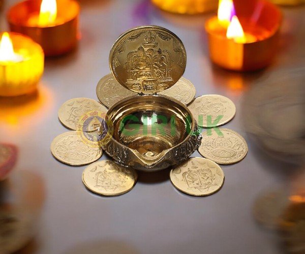 Brass Lakshmi-Kubera Lamp with 9 coins