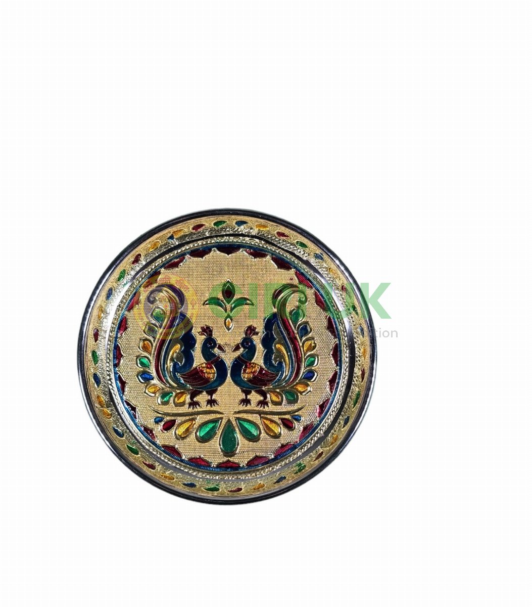 Meenakari Pooja Plate - Floral Peacock with Golden Design