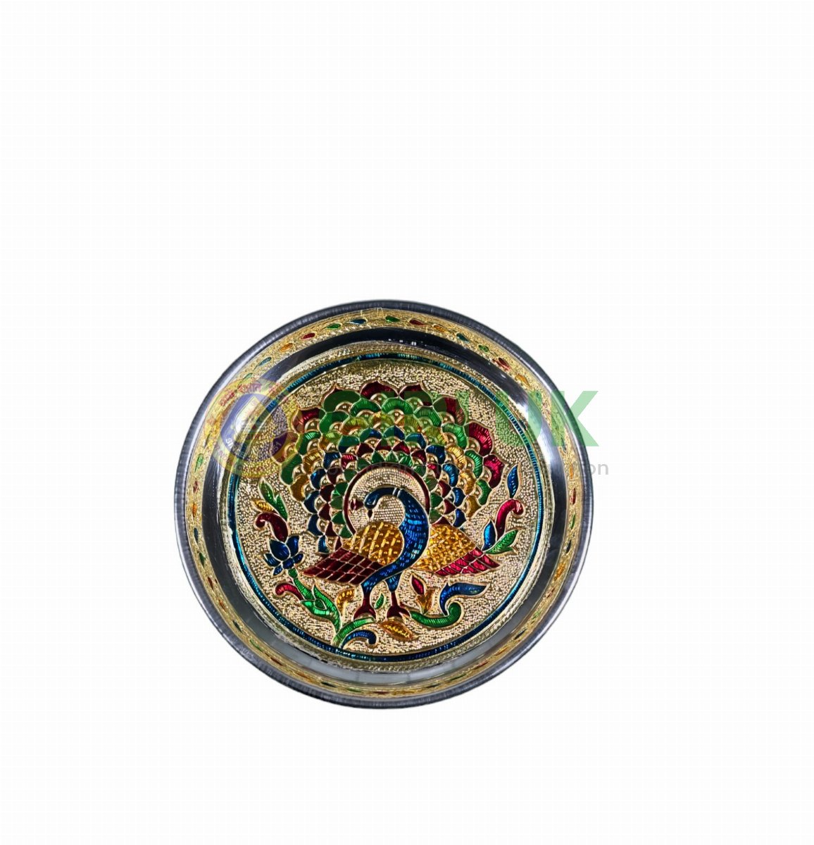 Meenakari Pooja Plate – Peacock design – Stainless Steel