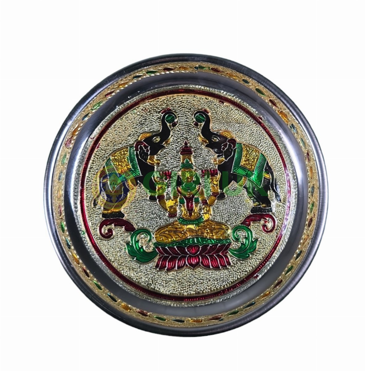 Meenakari Pooja Plate – Gaja Lakshmi design – Stainless Steel