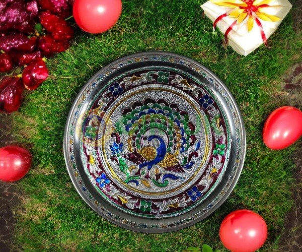 Stainless Steel Pooja Plate - Peacock design