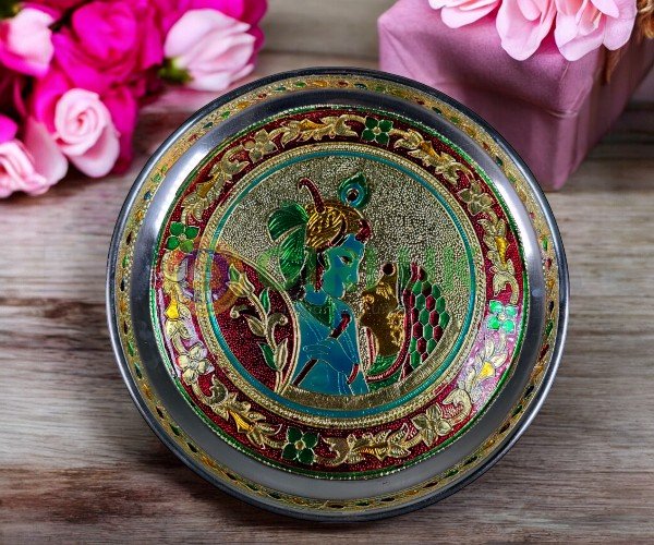 Stainless Steel Pooja Plate - Radha Krishna design