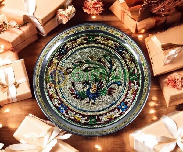 Stainless Steel Pooja Plate - Peacock and Floral design