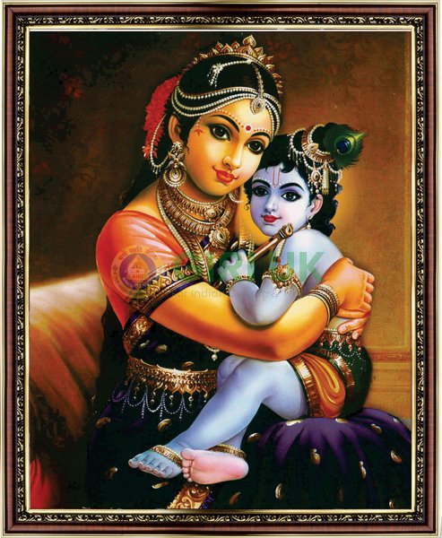 Yashoda Krishna picture with wooden frame - 18 x 22 inches