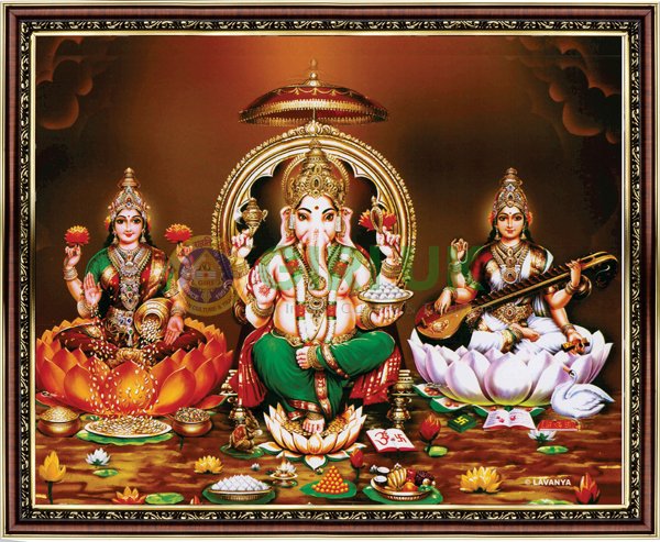 Lakshmi - Ganapati - Saraswati picture with wooden frame - 18 x 22 inches