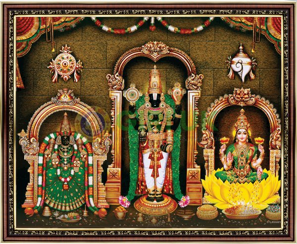 Perumal Thayar Lakshmi Picture with wooden frame - 18 x 22 inches