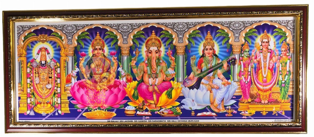 Sri Balaji - Sri Lakshmi - Sri Ganesha - Sri Saraswati - Sri Murugan Valli Devsena Photo - 31 x 12 inches