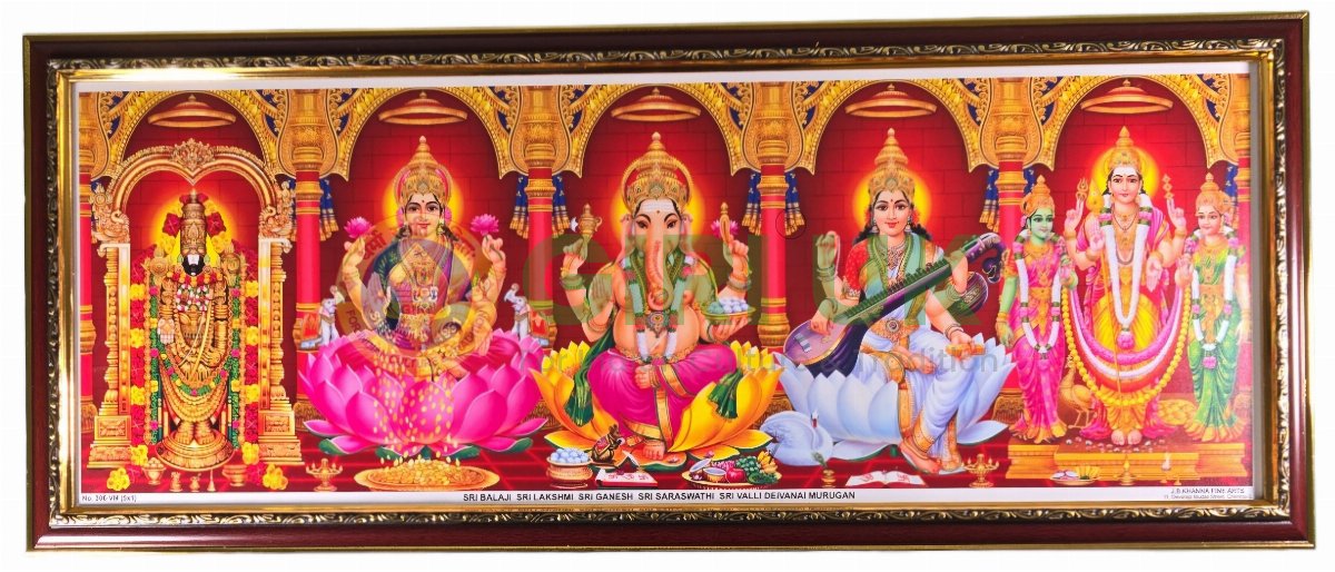 Sri Venkateswara - Maha Lakshmi - Sri Ganesha - Sri Saraswati - Sri Murugan Valli Devsena Photo - 31 x 12 inches