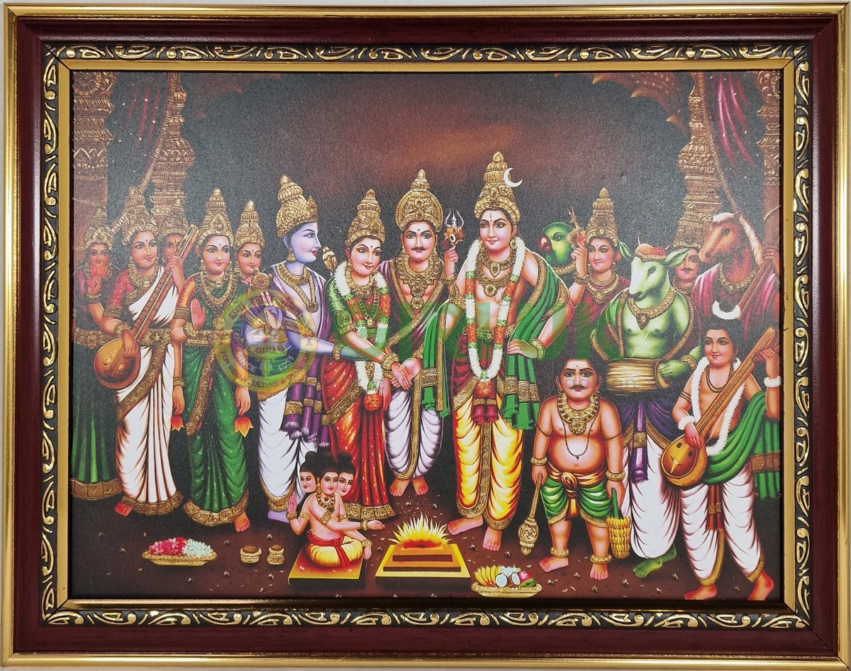 Shiva Parvati Kalyanam picture with wooden frame - 11 x 14 inches