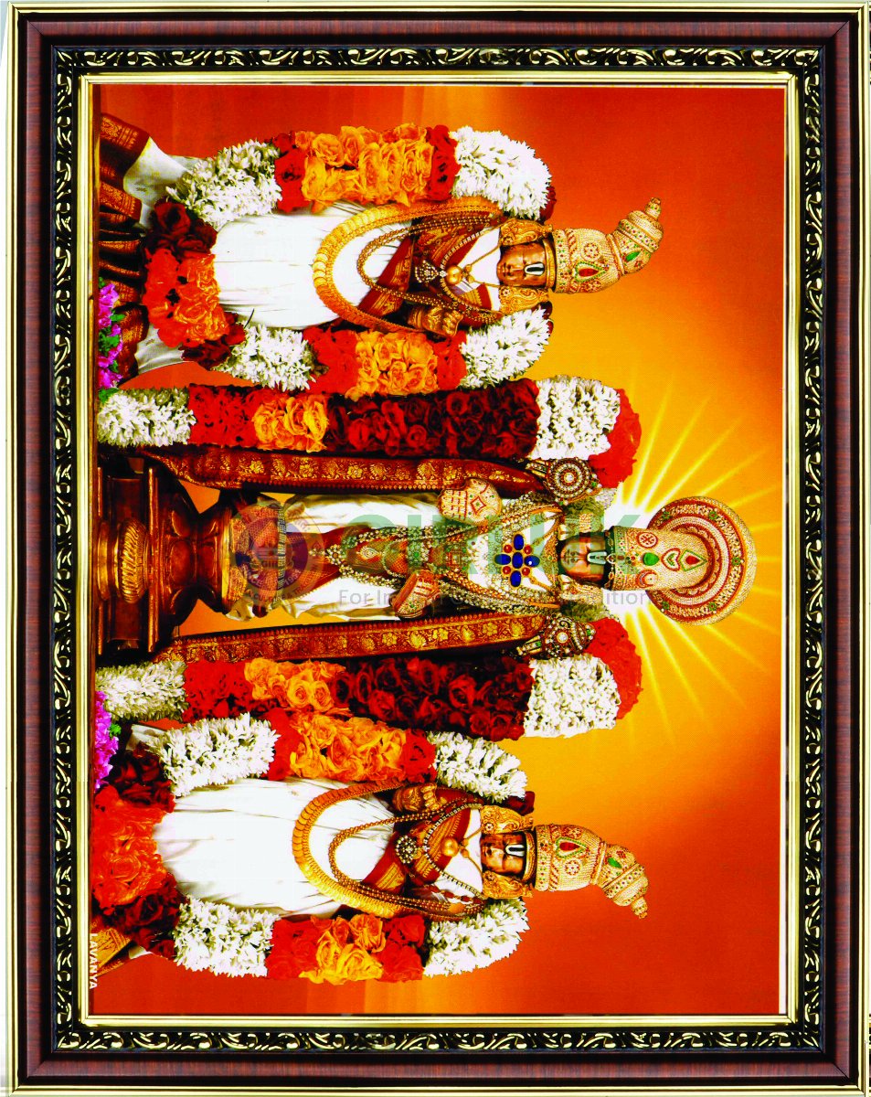 Venkateshwara - Sri Devi - Bhoo Devi Picture with wooden frame - 14 x 11 inches