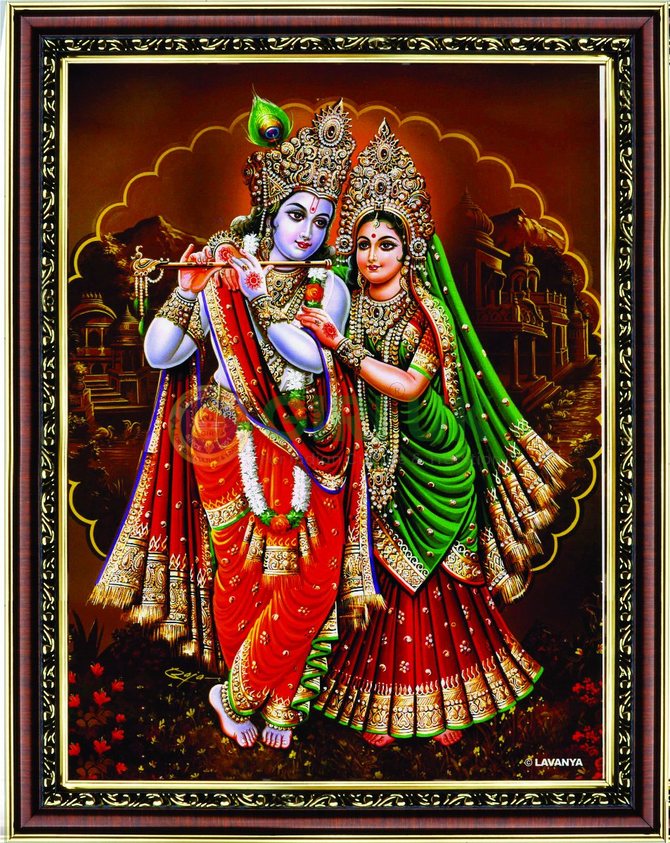 Radha Krishna picture with wooden frame - 14 x 11 inches