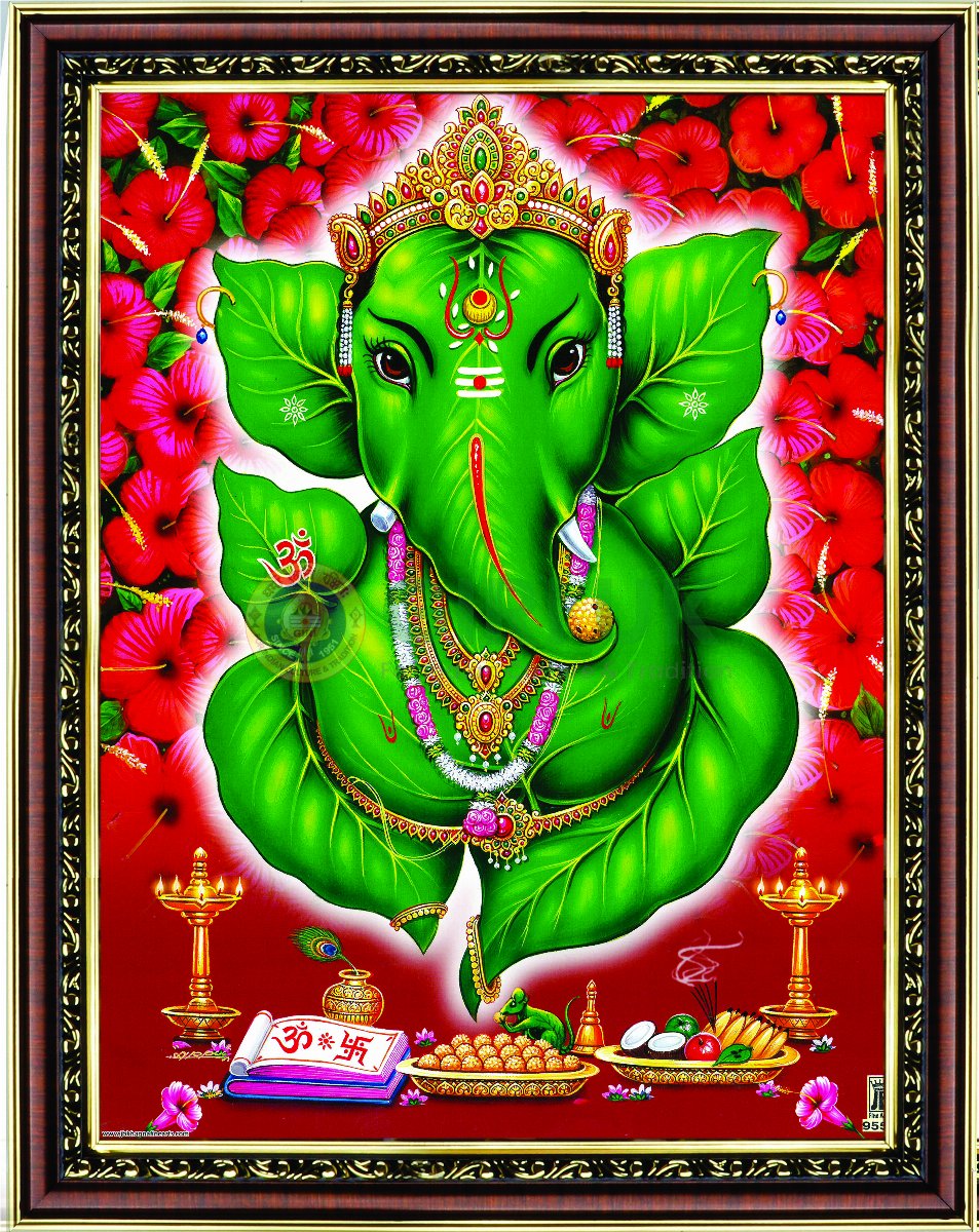 Leaf Ganapati with wooden frame - 14 x 11 inches