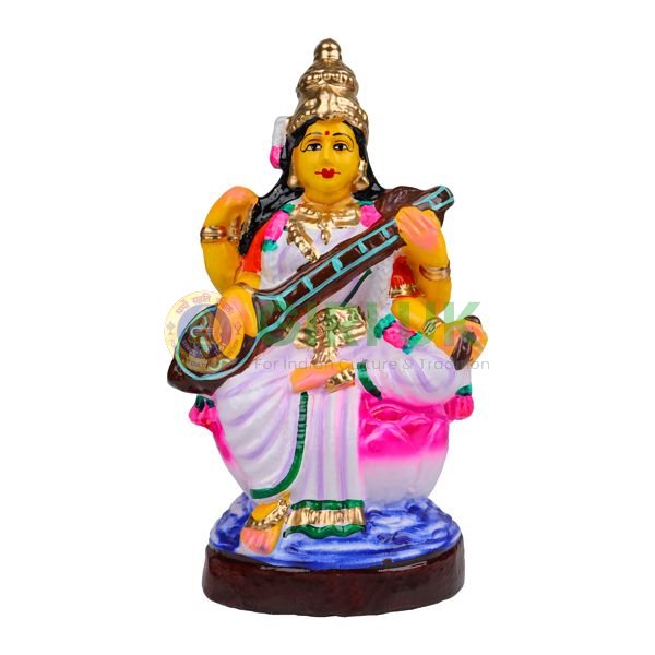 Saraswati Sitting On Lotus - 10 Inches - Clay