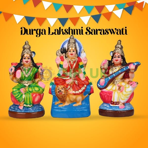 Durga Lakshmi Saraswati Set - 8 Inches - Clay