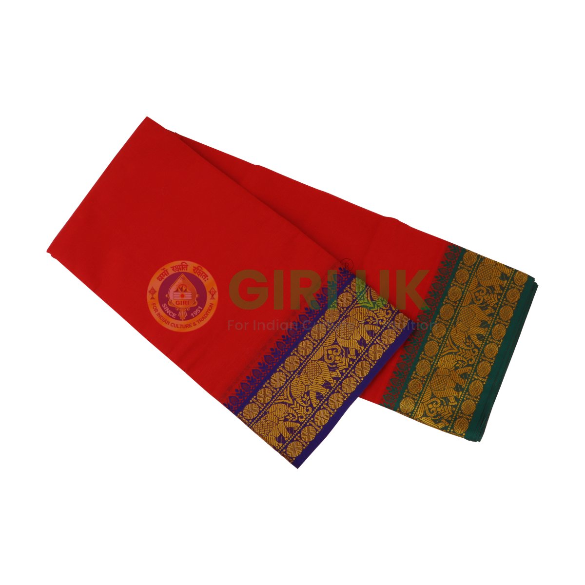 Cotton Jacquard dhoti (veshti) - red, 9x5 yards