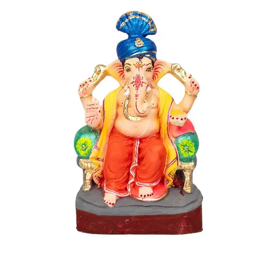 MH Ganesha - Clay - 8 Inch - Colour Turban Left Trunk