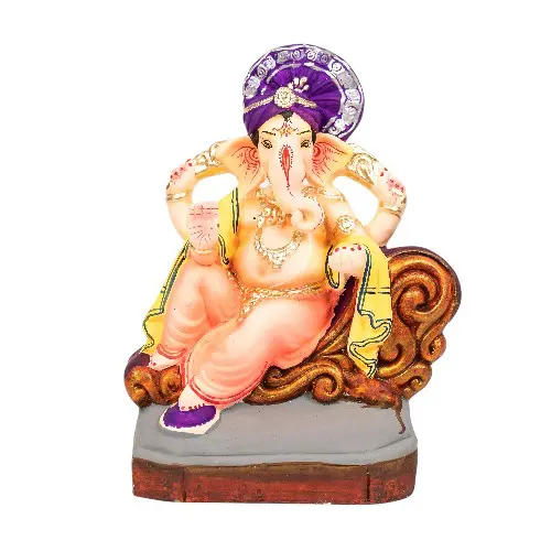 MH Ganesha - Clay - 9 Inch - Colour Turban Left Trunk