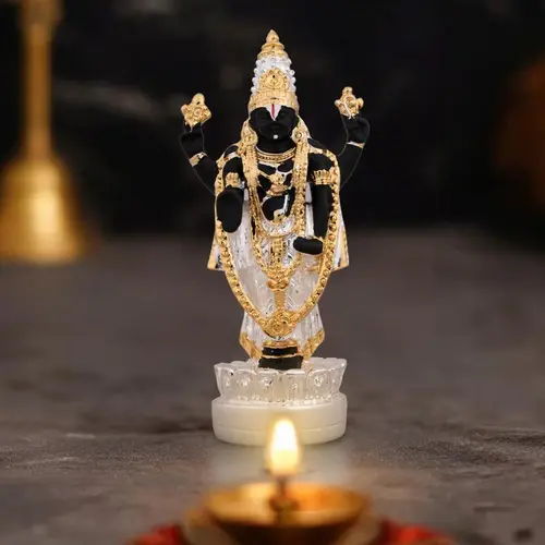 Vishnu Murti Standing On Lotus - Silver Polish - 5 x 2.25 Inches